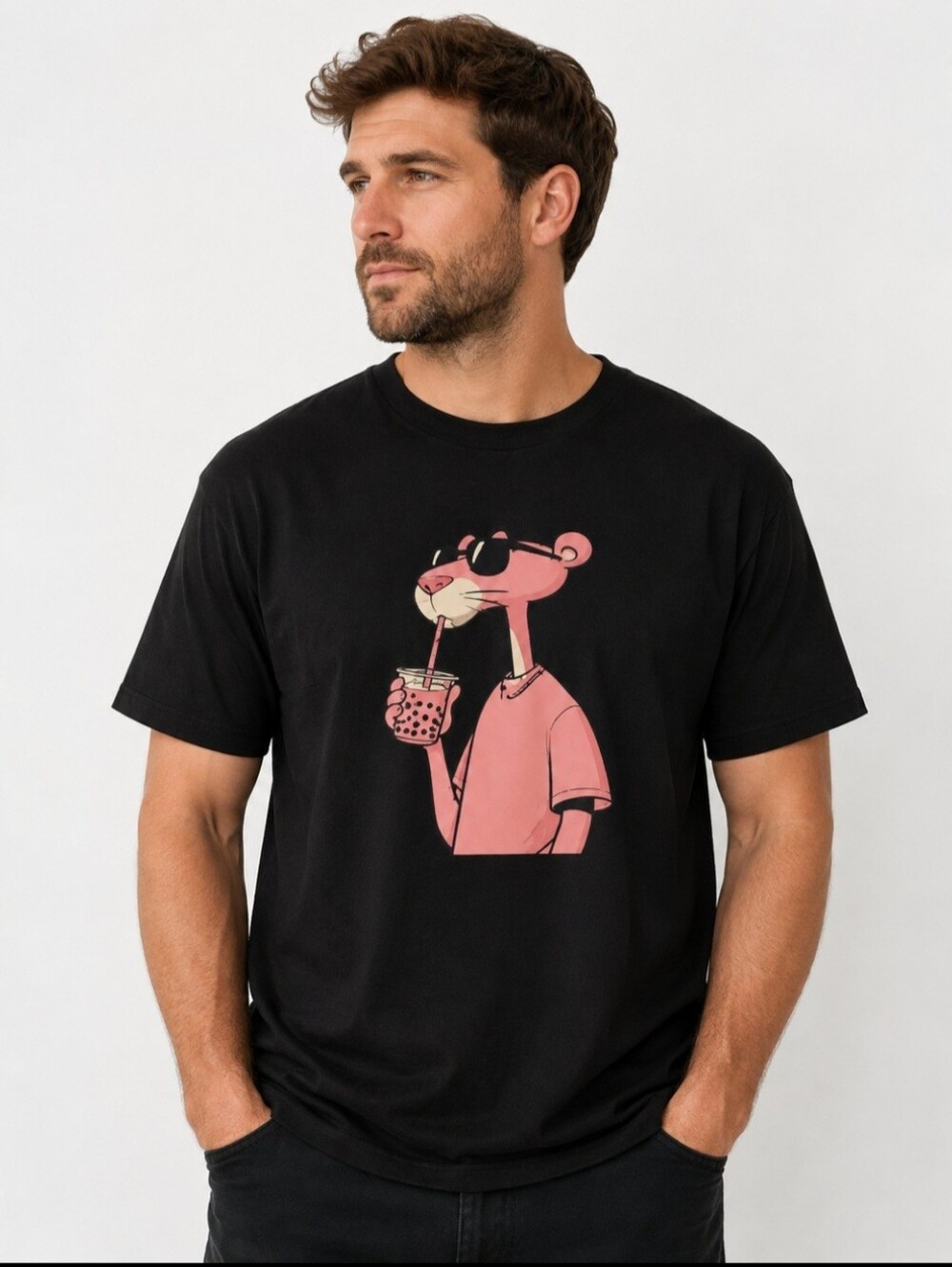 Pink Panther Cartoon T-shirt Bubble Boba Tea Mens Sz XL Short Sleeve Black